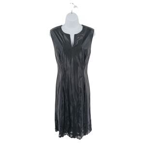 Vision Apparel Black Faux Leather Floral Cutout Trim Midi Dress Sz Large